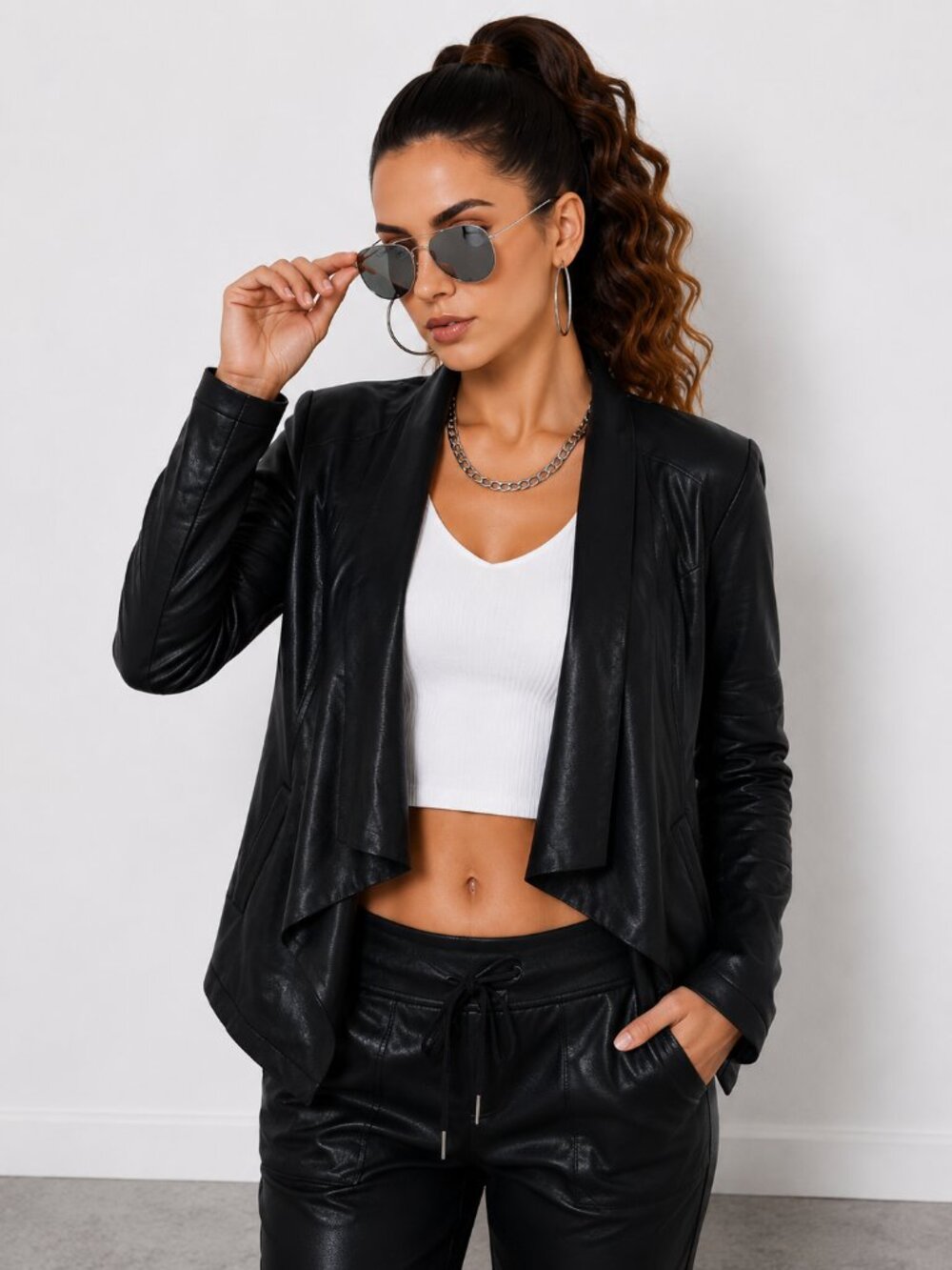 Black Luxe Faux Leather Drape Front Blazer Jacket Size Small NWT